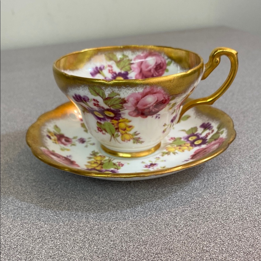 EB Foley Gold and Floral Teacup and Saucer Set